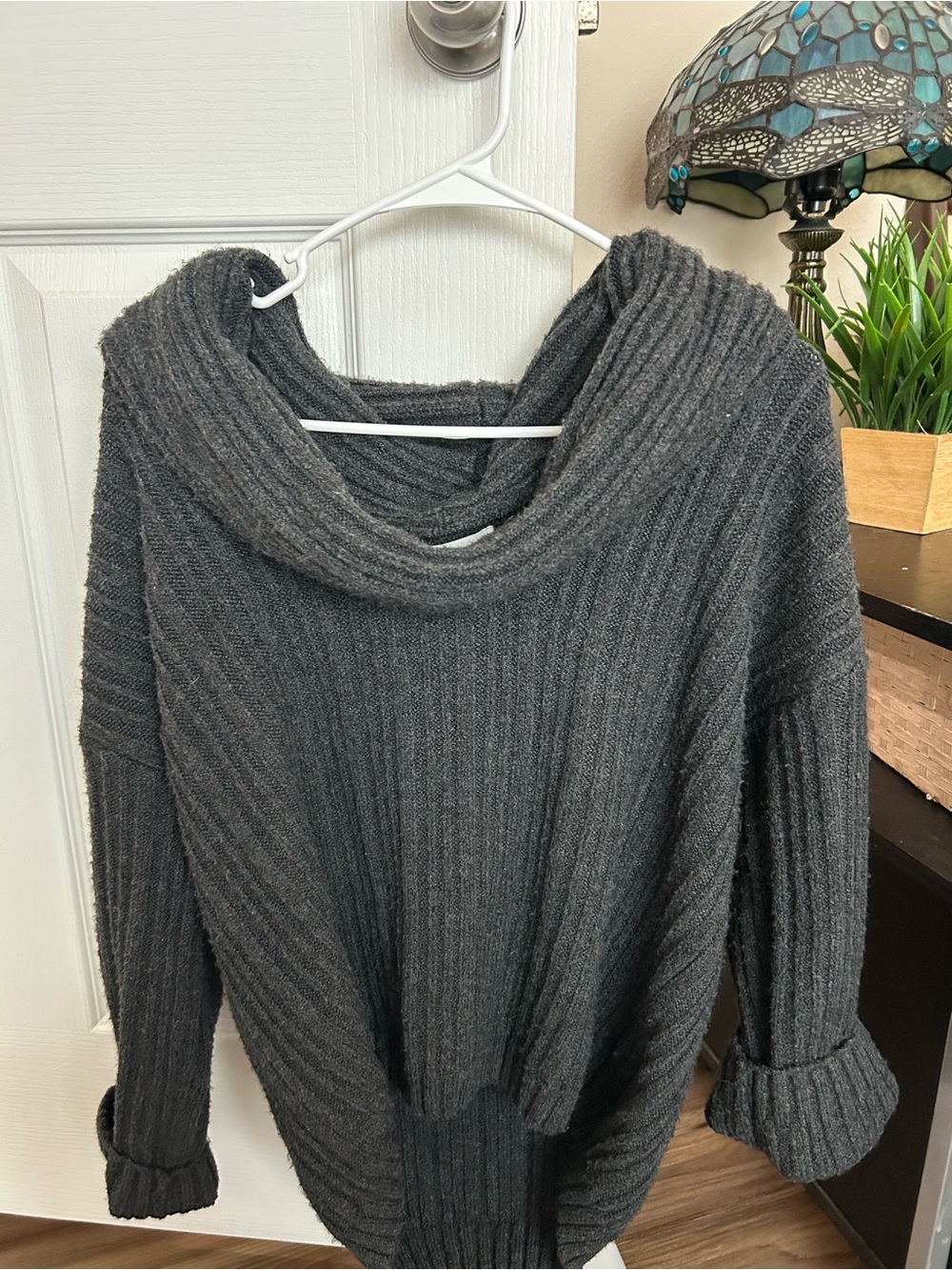 Charcoal Ribbed off shoulder Women's Sweater